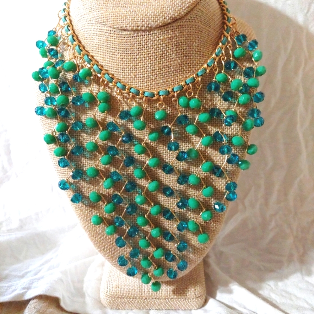 NIB Green-Blue Glass Waterfall Collar Necklace